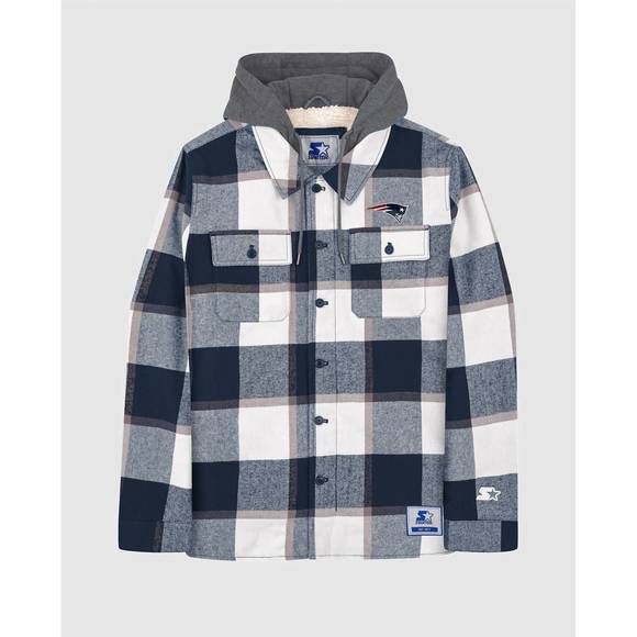 NEW STARTER men's new england patriots sherpa lined plaid jacket in navy - Picture 1 of 4